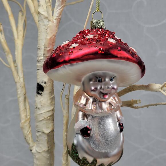 Vtg Mushroom Ornament 5" Red Cap Hand Painted Glittered Mercury Glass Christmas - Picture 2 of 11